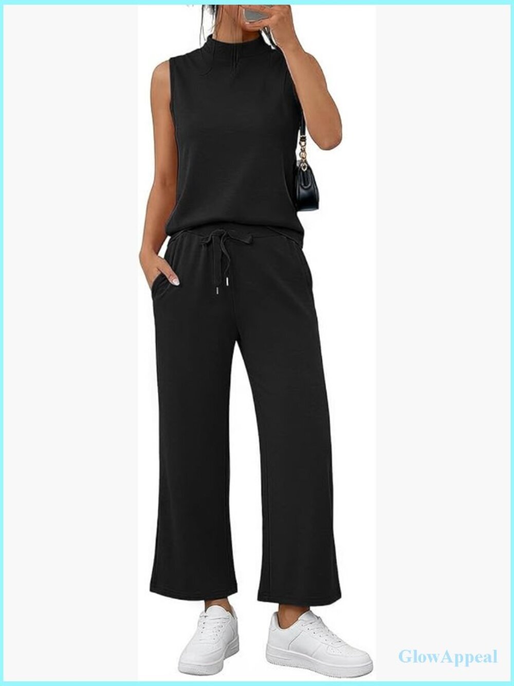 Sleeveless Mock Neck 2 Piece Lounge Set with Wide Leg Crop Pants